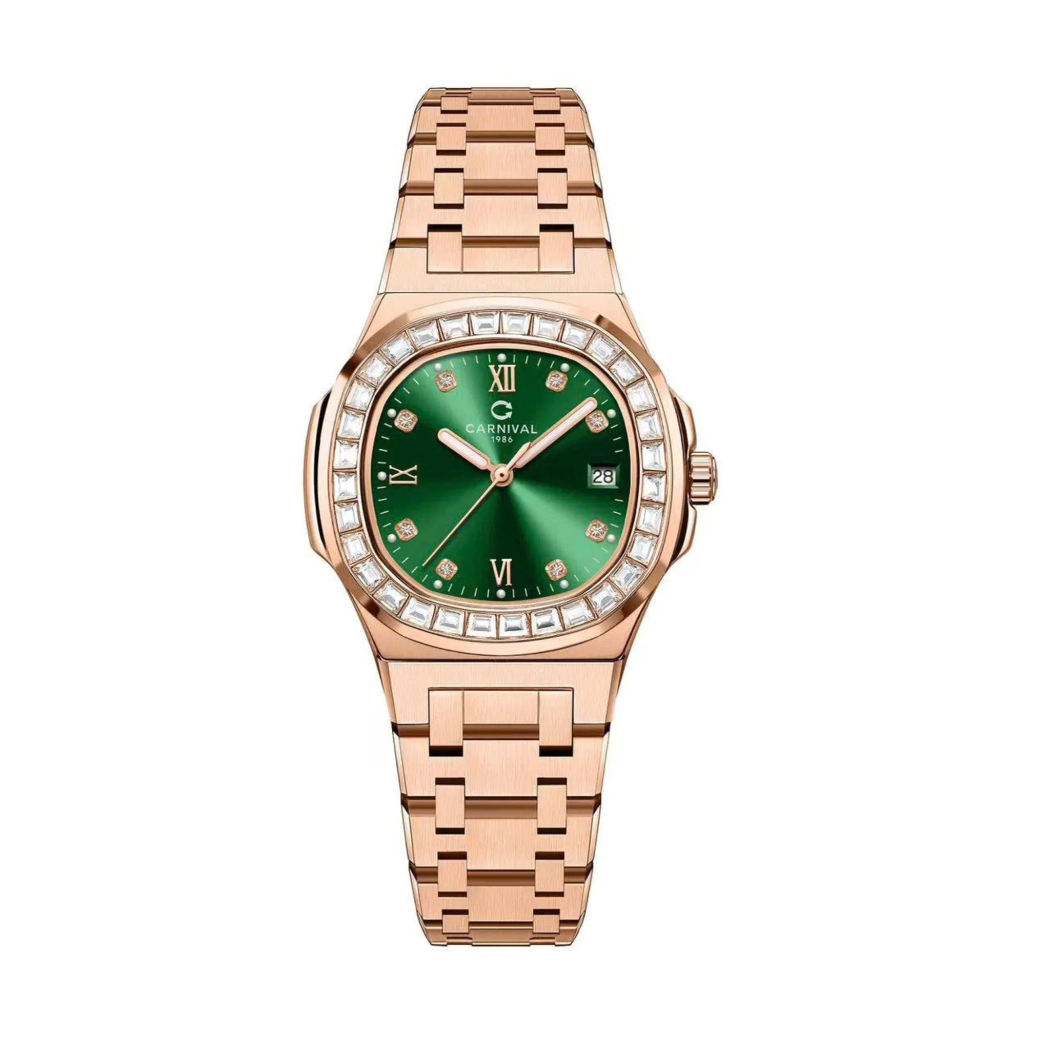 mặt xanh lục, dây rose gold