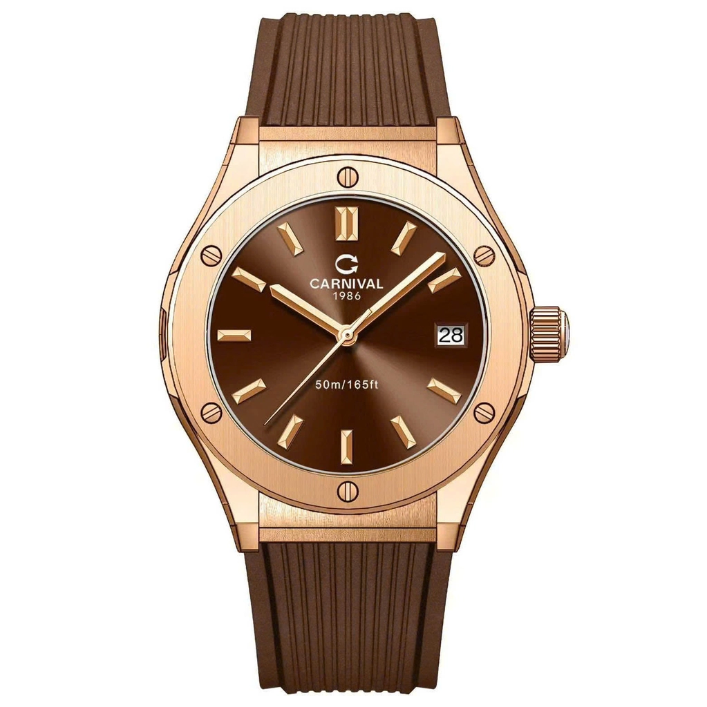 mặt chocolate, benzel rose gold, dây caosu nâu