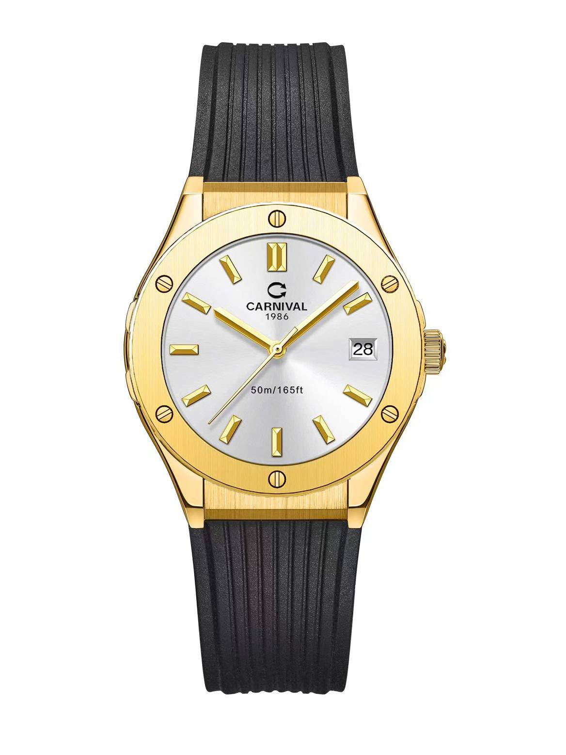 mặt trắng, benzel vàng gold, dây caosu đen