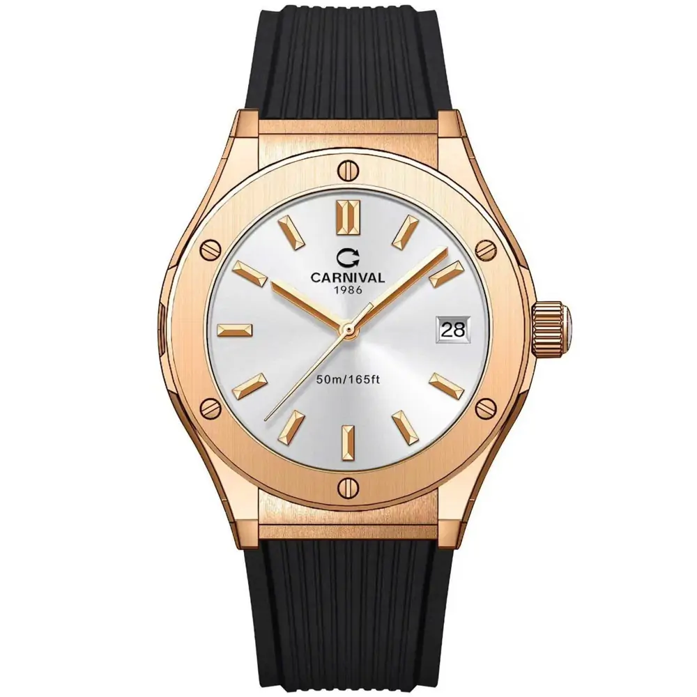 mặt trắng, benzel rose gold, dây caosu đen