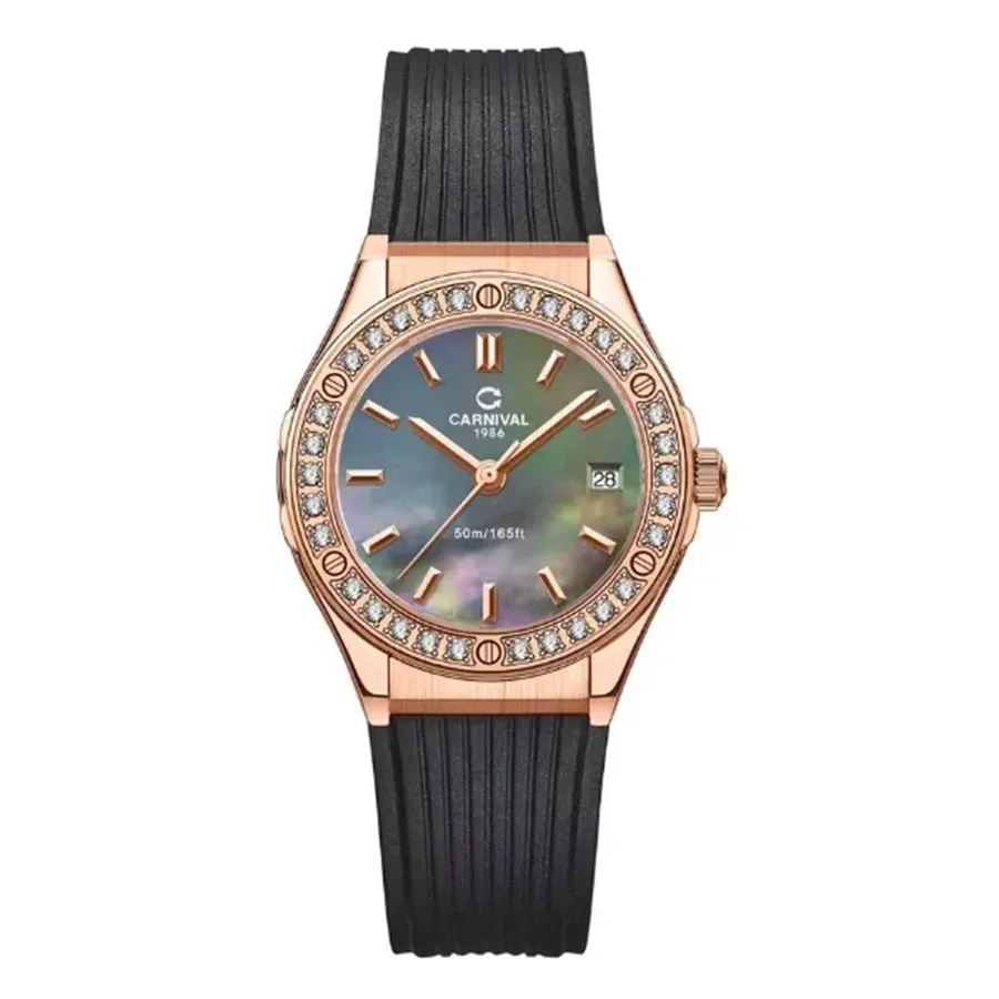 mặt đen xà cừ, benzel rose gold đính đá, dây caosu đen