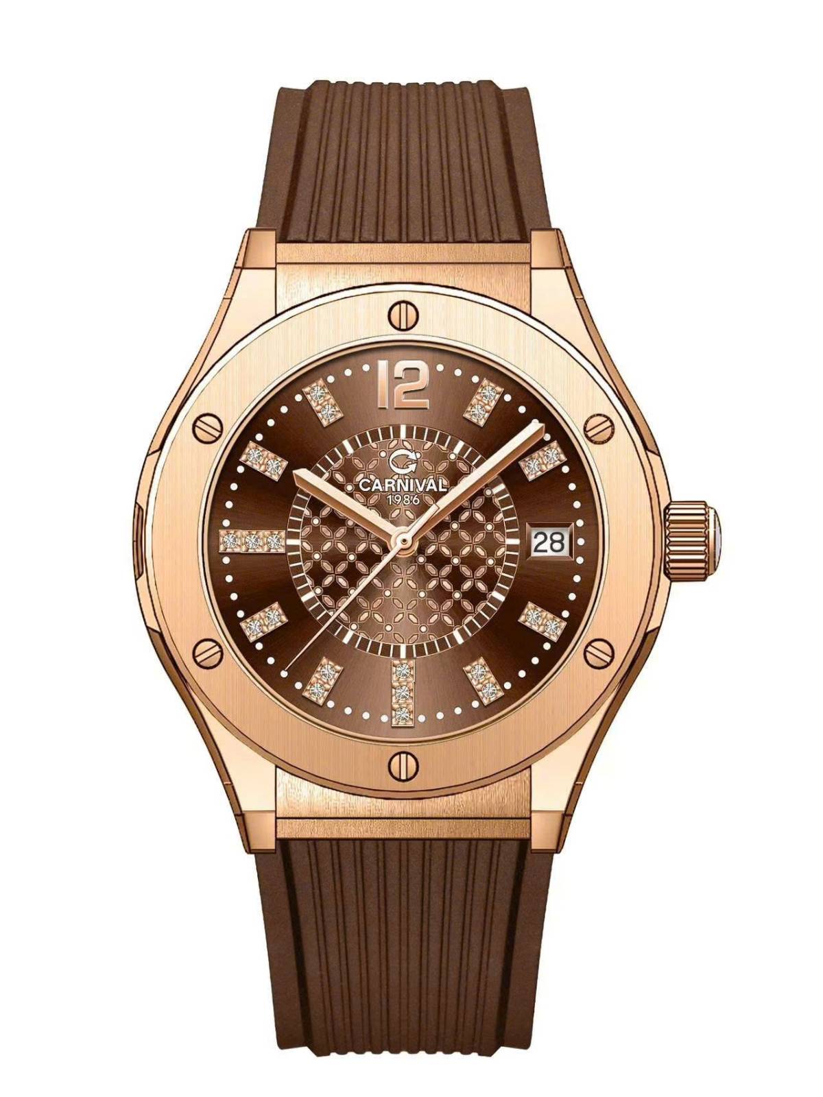 mặt nâu, kim số đính đá, benzel rose gold, dây caosu nâu