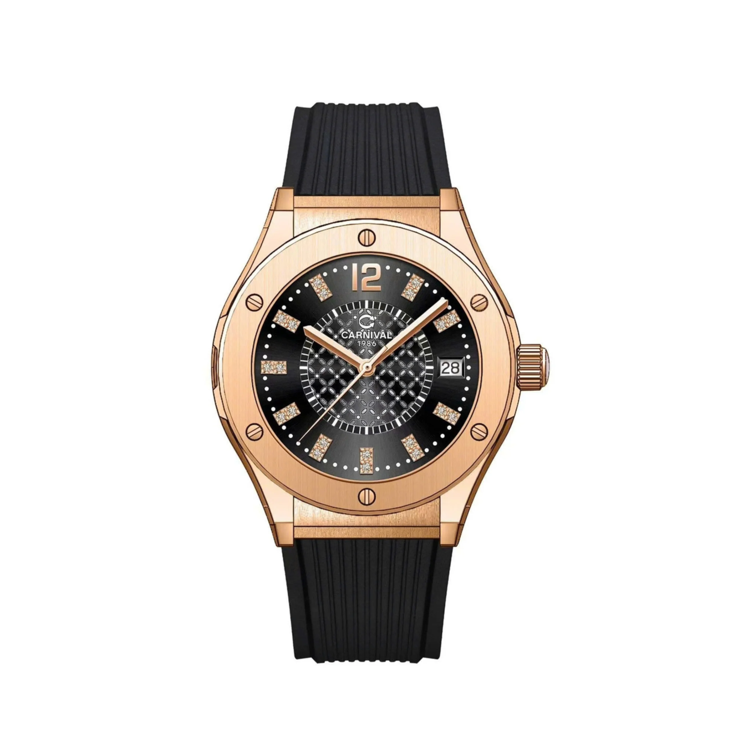 mặt đen, kim số đính đá, benzel rose gold, dây caosu đen