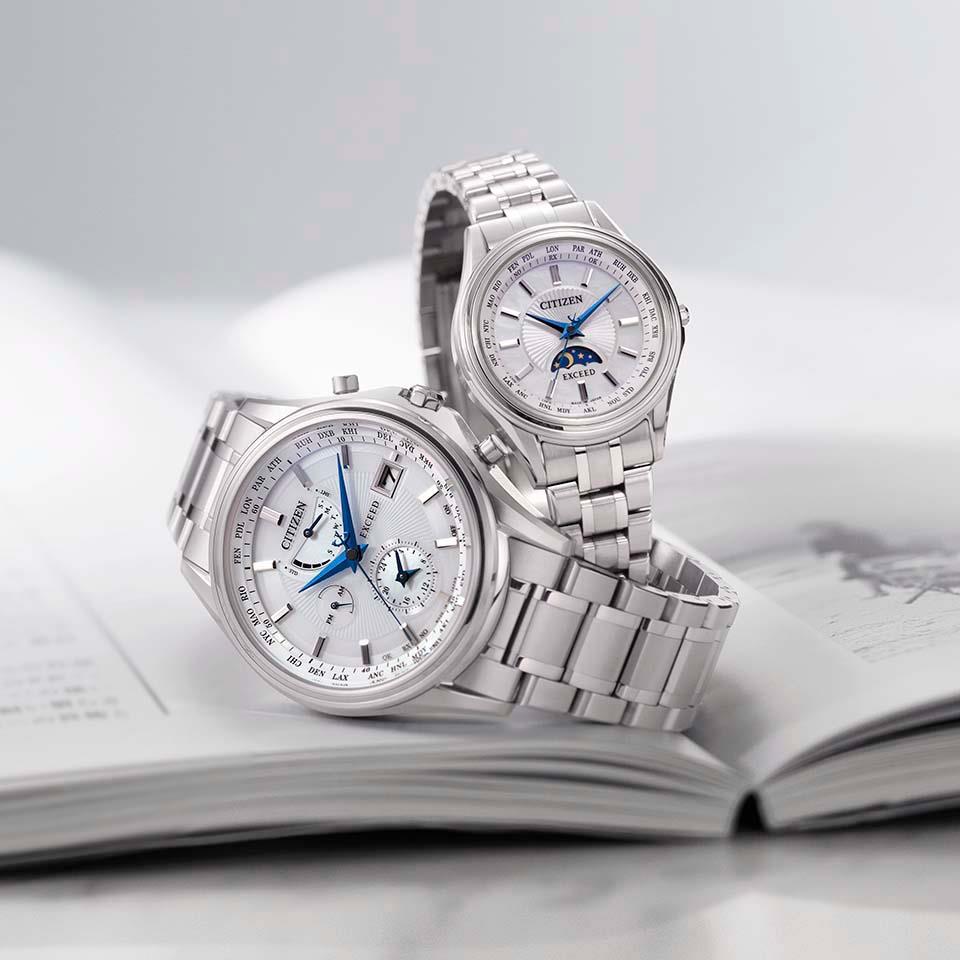 Đồng hồ cặp đôi Citizen Eco-Drive Exceed AT9130-69W / EE1010-62W